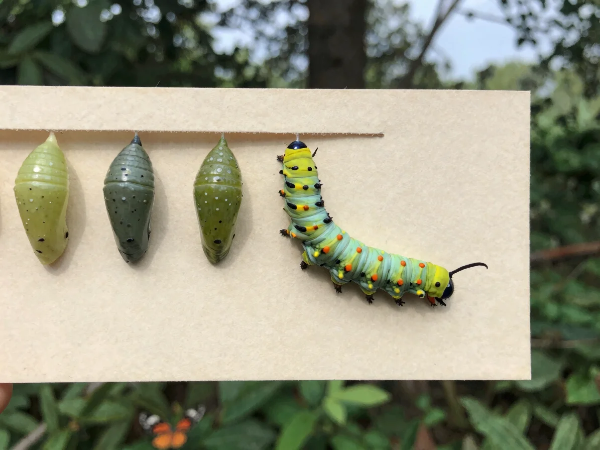 Close overhead studio photograph of a butterfly caterpillar, chry