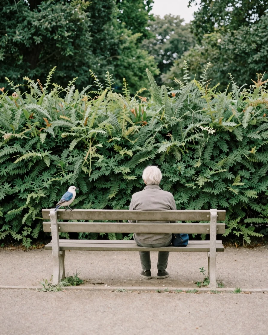 Editorial nature photograph of a person observing birds quietly from a park bench near a green hedge, soft daylight, rea