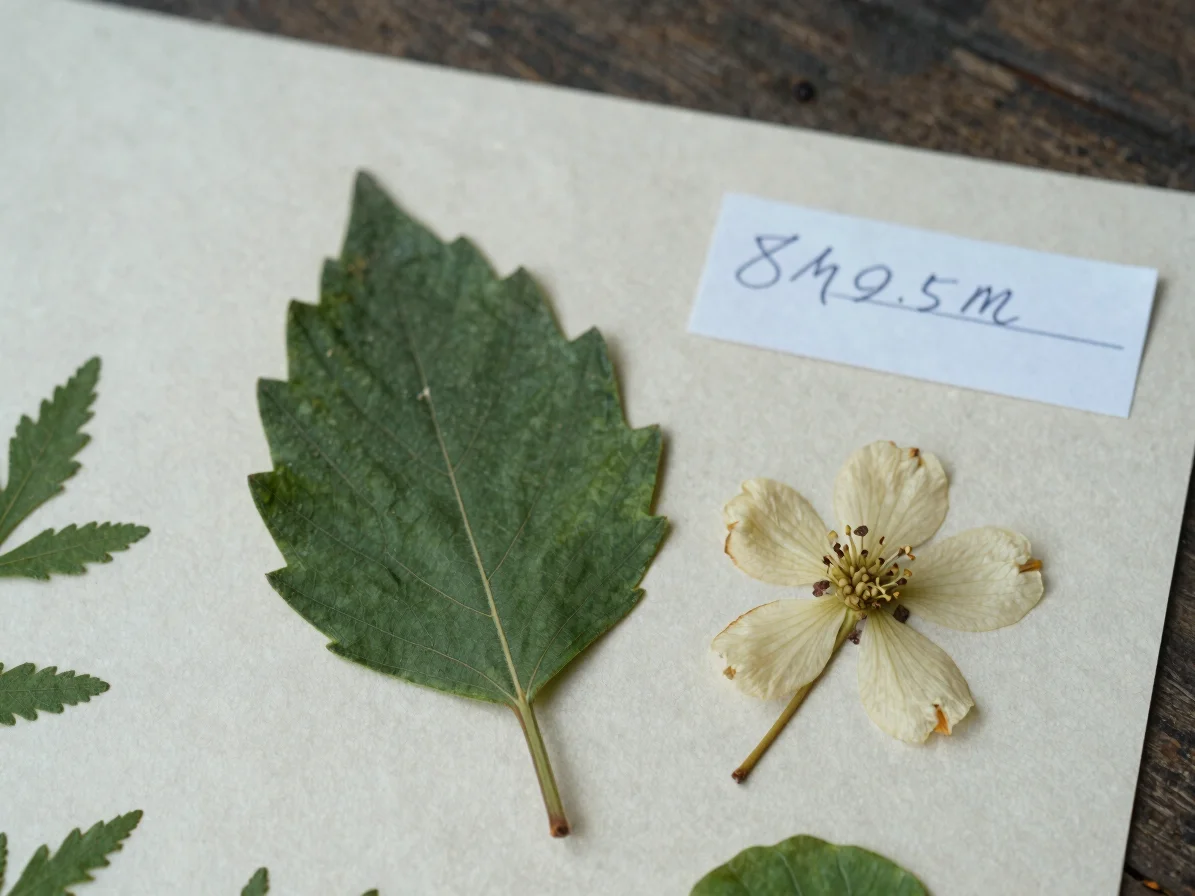 Close overhead view of a pressed botanical specimen, a leaf and flower laid flat on absorbent paper beside a handwritten