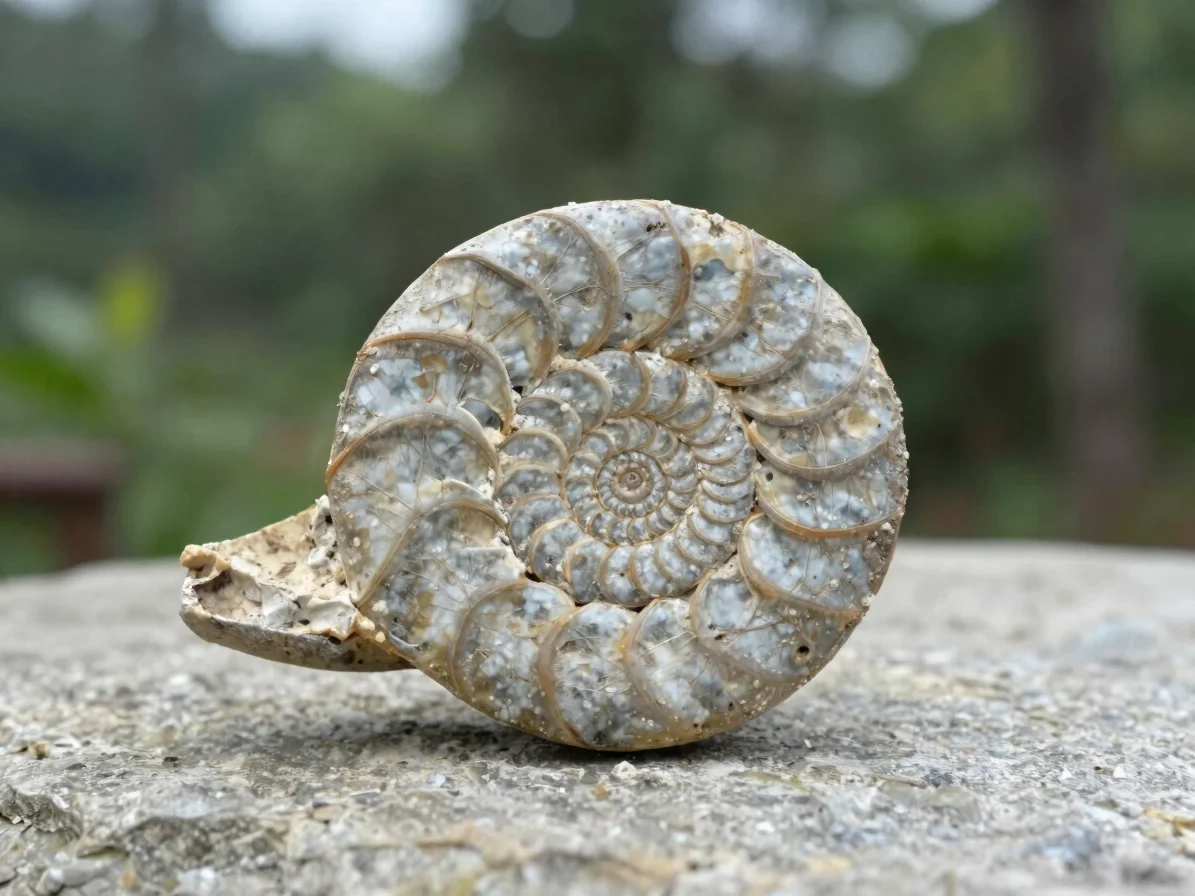 Specimen photograph of a fossil ammonite embedded in pale grey limestone, soft daylight, close documentary framing, real