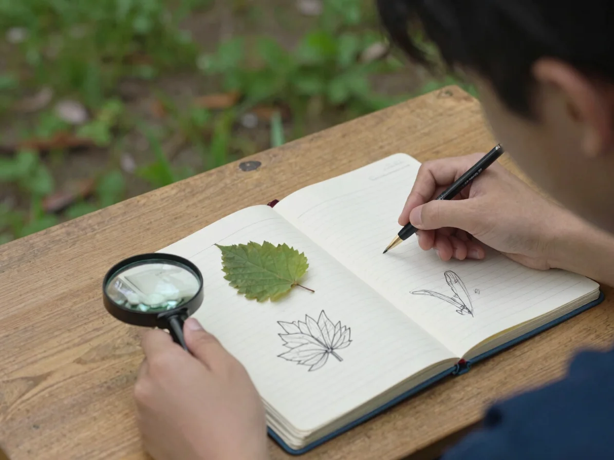 Close overhead view of a student's field notebook open on a wooden table beside a hand lens, a leaf specimen, and pencil