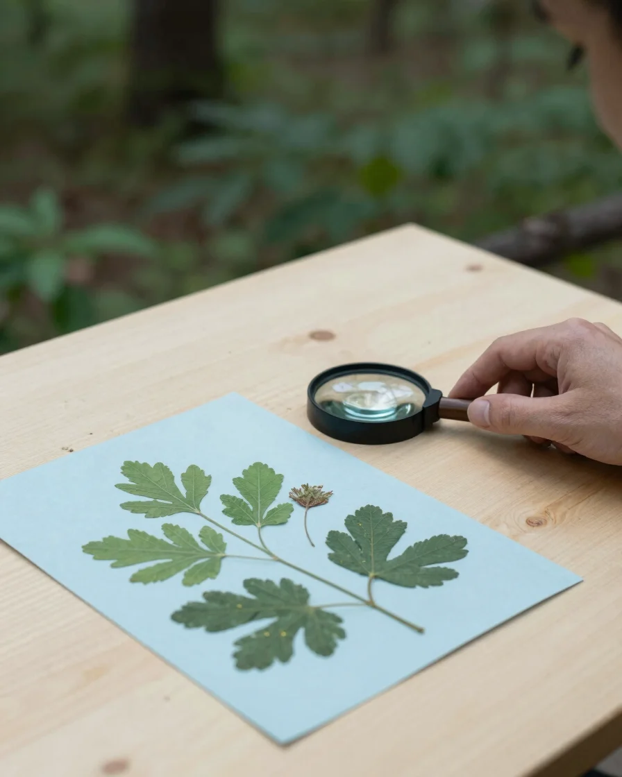 Close natural-light study of a pressed botanical specimen and a h