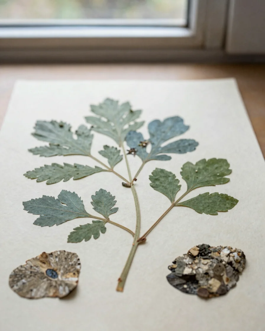 Close editorial nature photograph of a pressed botanical specimen